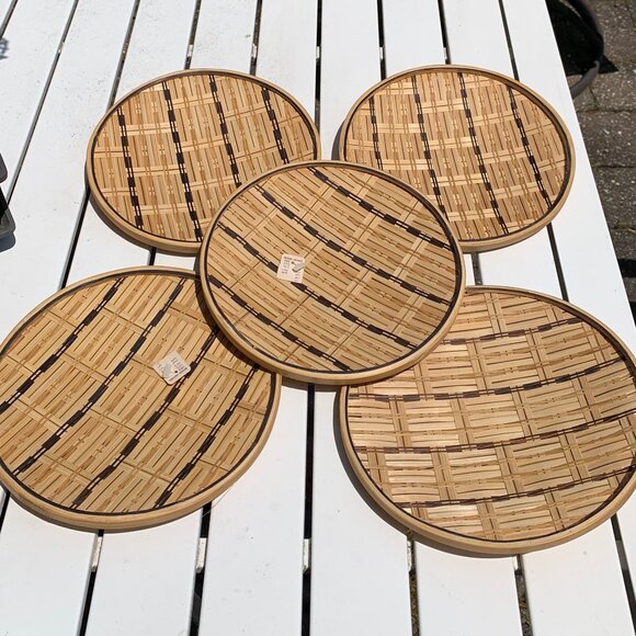 FIRM PRICE Vintage Woven Bamboo Serving Trinket Plates 5pc Set - Picture 3 of 10